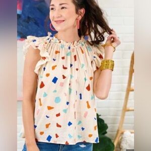 EUC THML White Sleeveless Ruffle-Neck Colorful Abstract Print Top Small